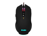 SVEN RX-G955 Gaming, Optical Mouse, 600-4000 dpi, 7+1 buttons (scroll wheel),  DPI switching modes, Two navigation buttons (Forward and Back), RGB backlight, Soft Touch coating, USB, Black